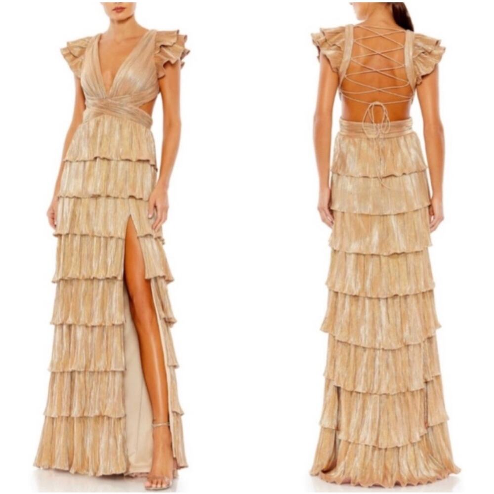 Mac Duggal Ruffle Tiered Criss Cross Lace Up Gown Gold Layered Evening Size 4